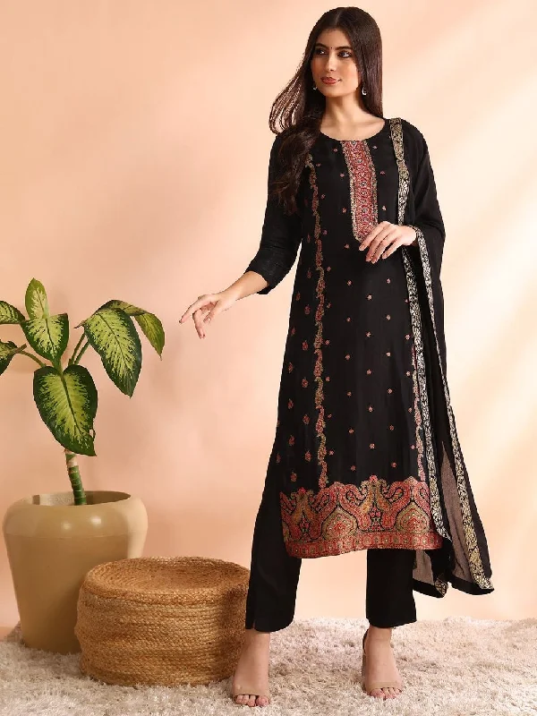 Black Silk Blend Geometric Woven Design Straight Kurta Trouser With Dupatta Trousers stylish elegant