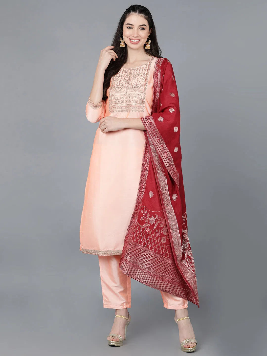 Ahika Women Peach Poly Silk Embroidered Kurta Trousers With Dupatta Trousers Party Sparkling