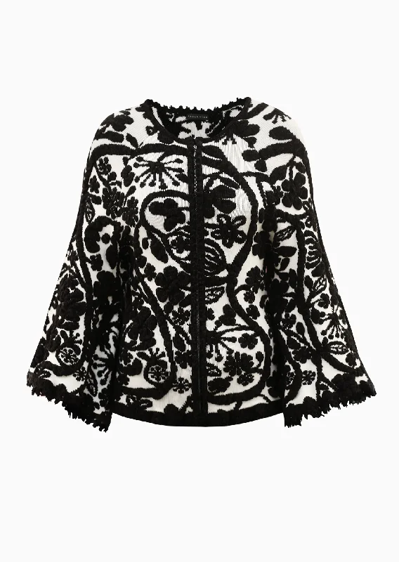 Isabel - Knit Black White Floral Cardigan Sweater Welt Pockets Slit Pockets Flap Pockets Isabel - Knit Black White Floral Cardigan Sweater Welt Pockets Slit Pockets Flap Pockets