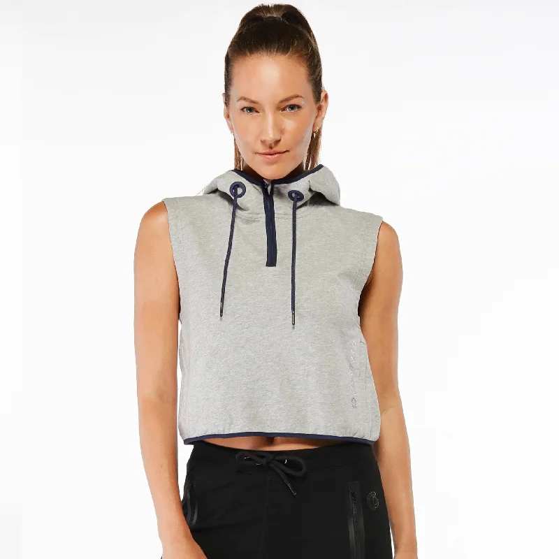 Womens - Evolution Sleeveless Cropped Hoodie - Grey Hoodie with Hem Patch Decorative Personalized