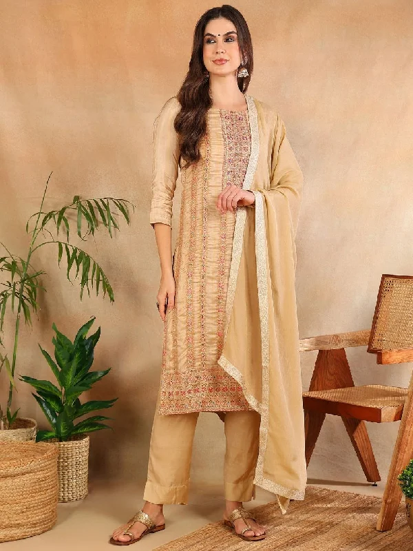 Beige Chanderi Striped Woven Design Straight Kurta Trouser With Dupatta Trousers Denim Distressed