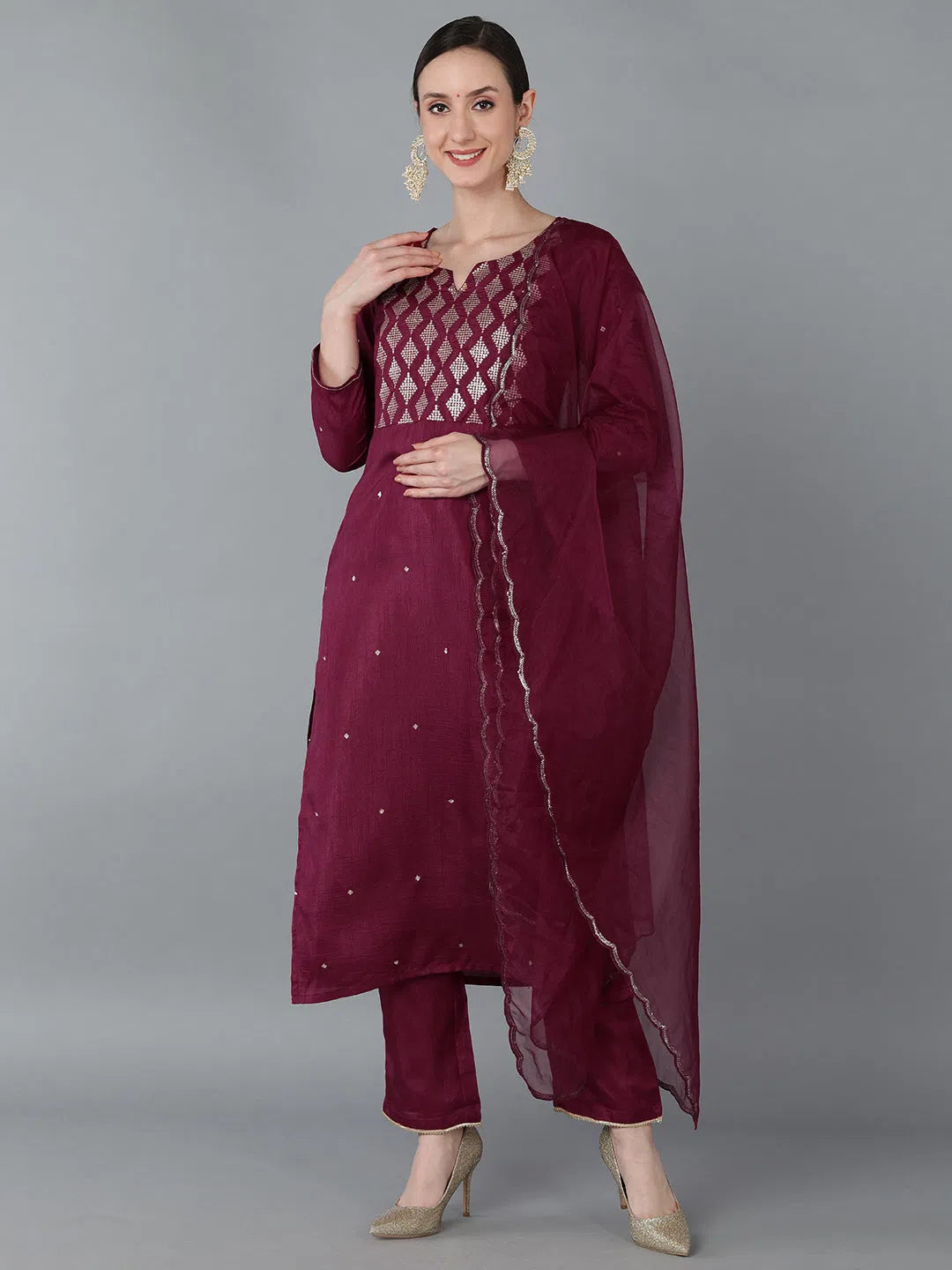 Ahika Women Burgundy Silk Blend Yoke Design Kurta Trousers With Dupatta Trousers Spring Floral