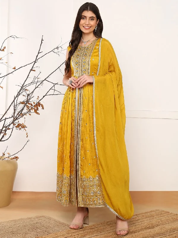 Mustard Silk Blend Solid Embroidered A-Line Kurta Trouser With Dupatta Trousers Essential Wardrobe