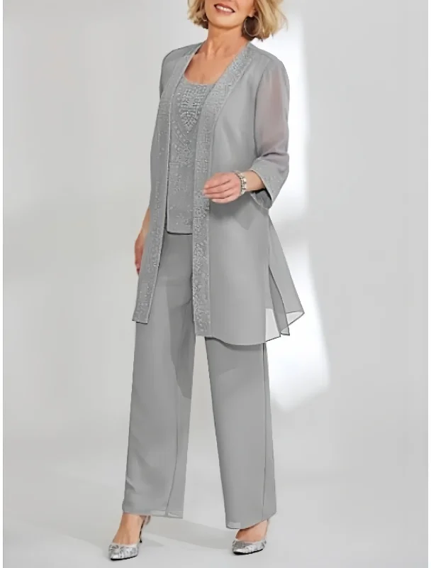 Chiffon Scoop Ankle-Length Mother of the Bride Pantsuits with Jacket Anorak Shell Jacket Lightweight Jacket