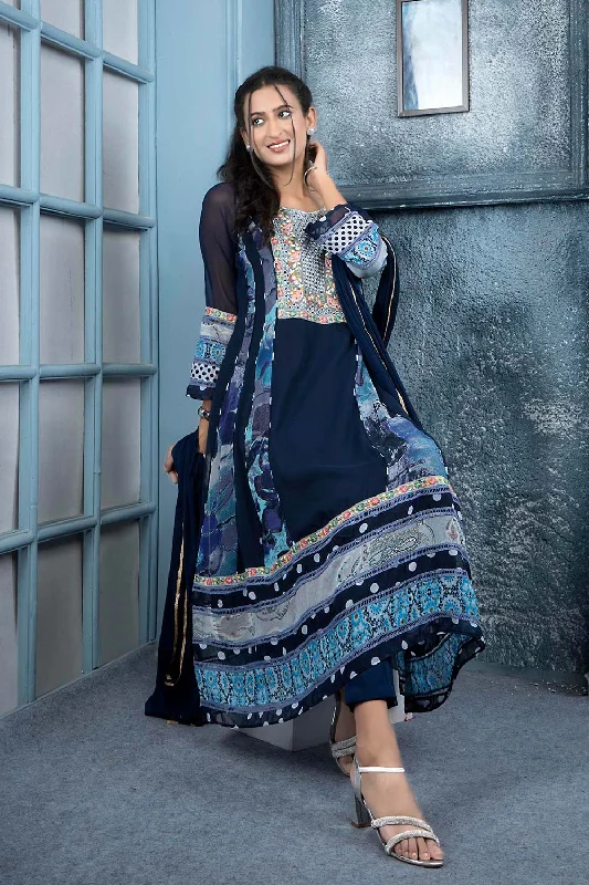 Navy Blue Embroidered Georgette Stitched Anarkali Trouser Kurta With Dupatta Chinos Cotton Straight Leg