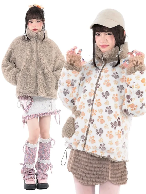 Double Sided Paw Print Plush Jacket【s0000005715】 Anorak Shell Jacket Lightweight Jacket