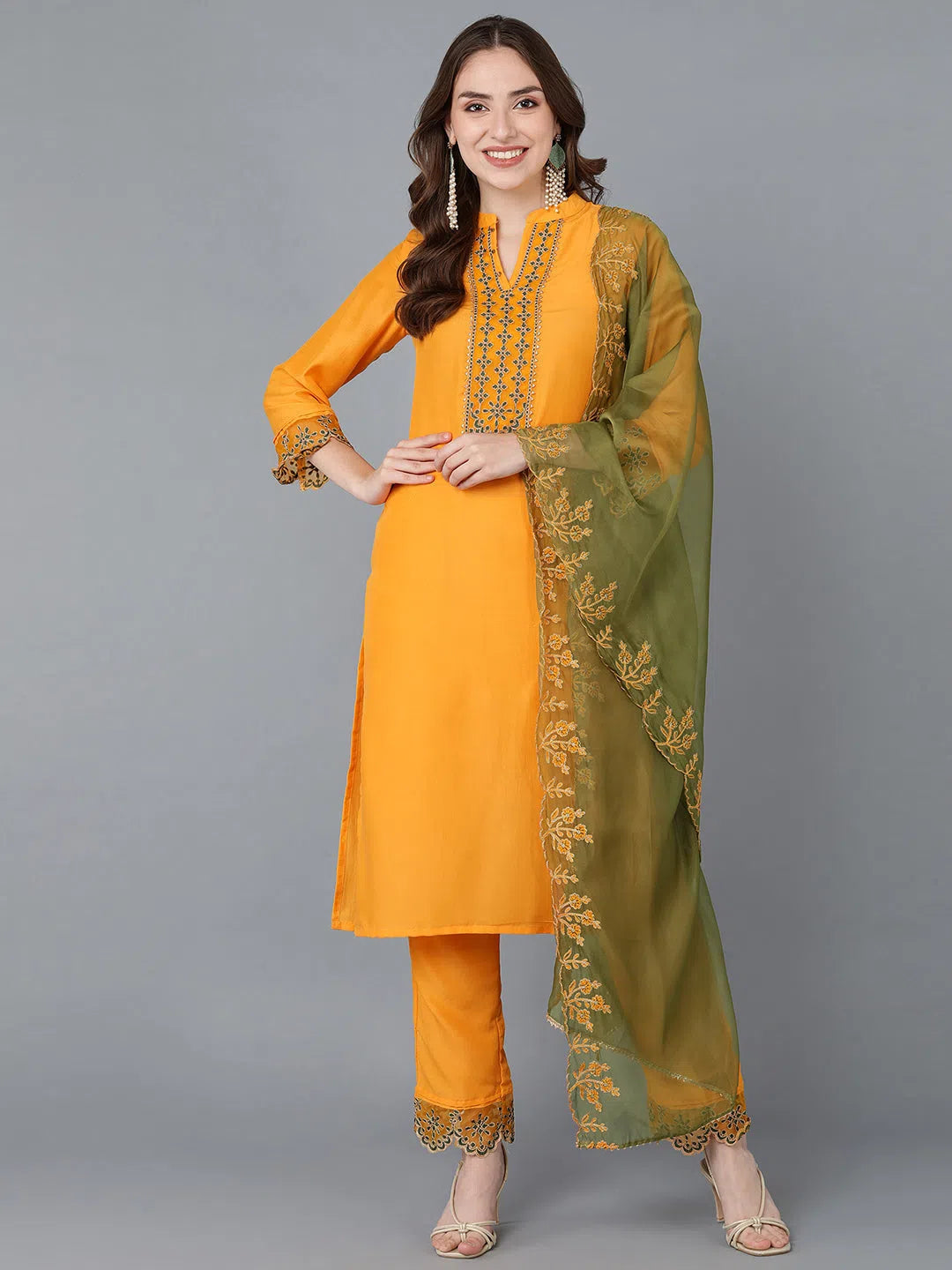 Ahika Women Mustard Embroidered Kurta Trousers With Dupatta 2 Trousers Office Stylish