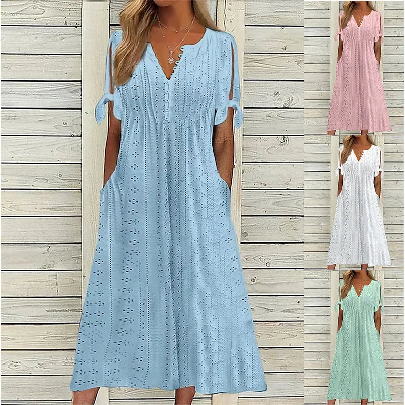 2023 Summer Women's Dress With Hollow Out V-neck Lace Ruffles Chic Elegant Long Dresses Pullover High Waist White Beach Vestidos Boat Neck Sweater 2023 Summer Women's Dress With Hollow Out V-neck Lace Ruffles Chic Elegant Long Dresses Pullover High Waist White Beach Vestidos Boat Neck Sweater
