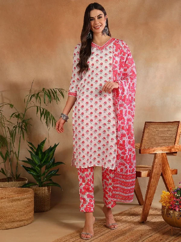 White Rayon Blend Floral Printed Straight Kurta Trouser With Dupatta Trousers Leisure Comfortable