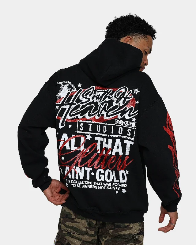 Rats Get Fat South Of Heaven Glitter Print Hoodie Black Hoodie with Hem Frayed Vintage Worn