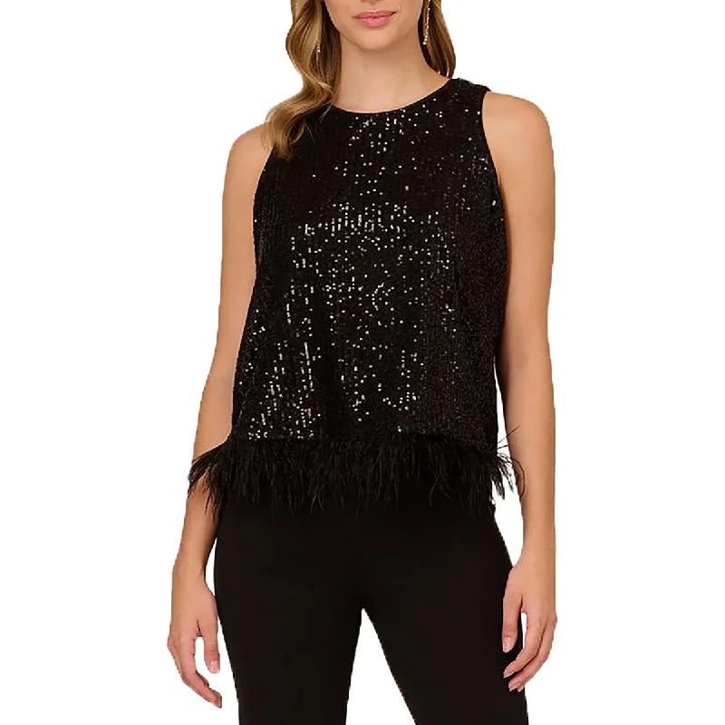 Womens Sequined Feathered Pullover Top Set Sleeve Pullover