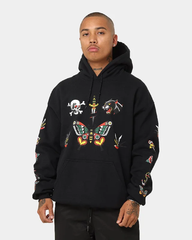 Rats Get Fat Tattoo Print Hoodie Black Hoodie with Set-In Sleeves Structured Classic