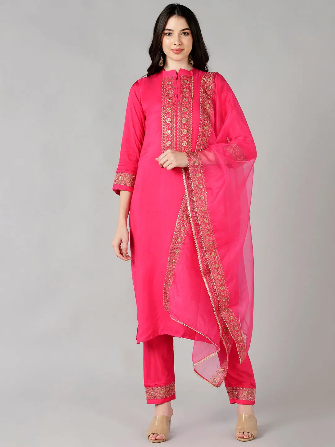 Ahika Women Pink Solid Embroidered Kurta Trousers With Dupatta Vkskd1345 Trousers Designer Luxury