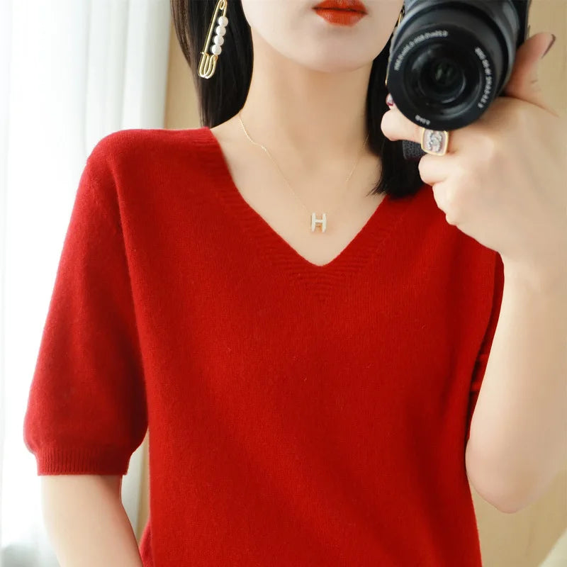 Spring/Summer 2022 Ladies Sweater Pullover Solid Color V-neck Half-sleeved Knitted Cashmere Sweater Thin Casual Top Ribbed Crew Neck Spring/Summer 2022 Ladies Sweater Pullover Solid Color V-neck Half-sleeved Knitted Cashmere Sweater Thin Casual Top Ribbed Crew Neck