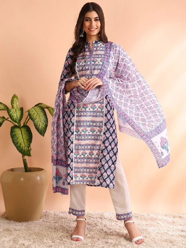 Blue Poly Rayon Ethnic Motifs Printed Straight Kurta Trouser With Dupatta Trousers chic elegant