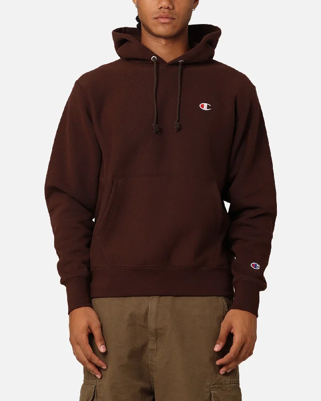 Champion Reverse Weave Small C Hoodie Brown Hoodie with Drawcord Adjustable Secure