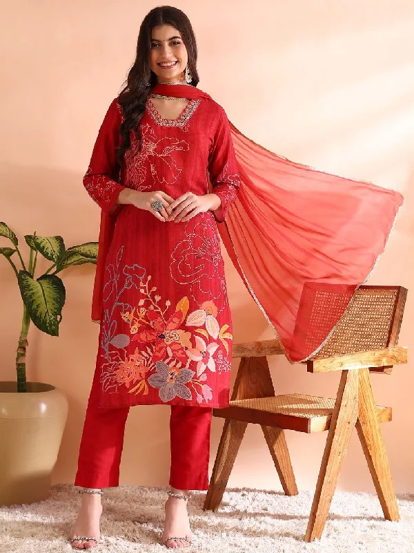 Red Silk Blend Floral Printed Straight Kurta Trousers With Dupatta Trousers Summer Linen