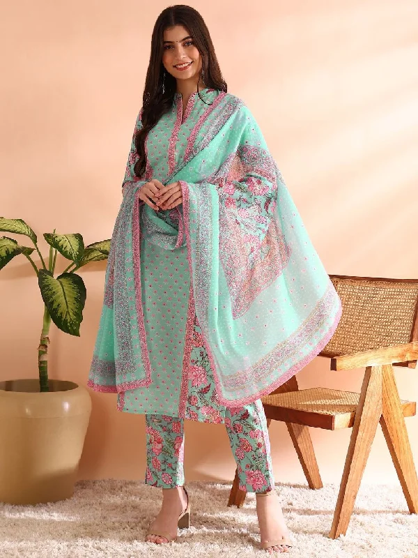 Turquoise Blue Poly Rayon Floral Printed Straight Kurta Trousers With Dupatta Trousers Brand Named