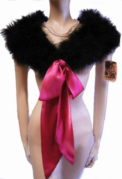 *NEW - GORGEOUS LAPIS MARABOU FEATHER & SATIN STOLE OR BED JACKET IN JET BLACK WITH LONG HOT PINK SATIN TIES - NEW WITH TAG Welt Pockets Slit Pockets Flap Pockets