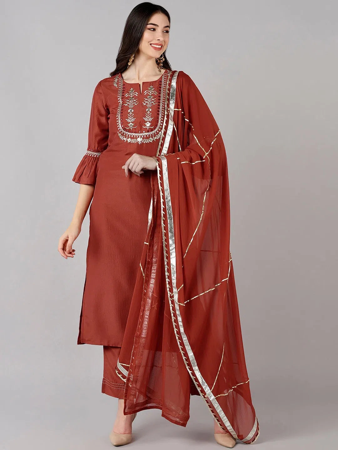 Ahika Women Rust Polyester Yoke Design Kurta Trousers With Dupatta 1 Trousers Evening Elegant