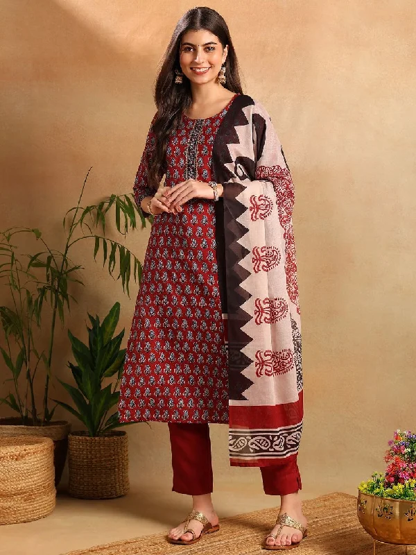 Maroon Rayon Blend Ethnic Motifs Printed Straight Kurta Trousers With Dupatta Trousers Solid Black