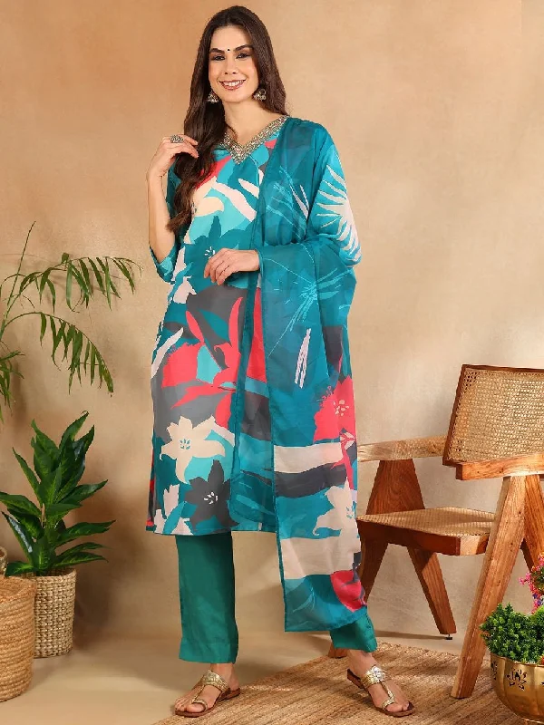 Teal Silk Blend Floral Printed Straight Kurta Trouser With Dupatta Trousers Lace Delicate