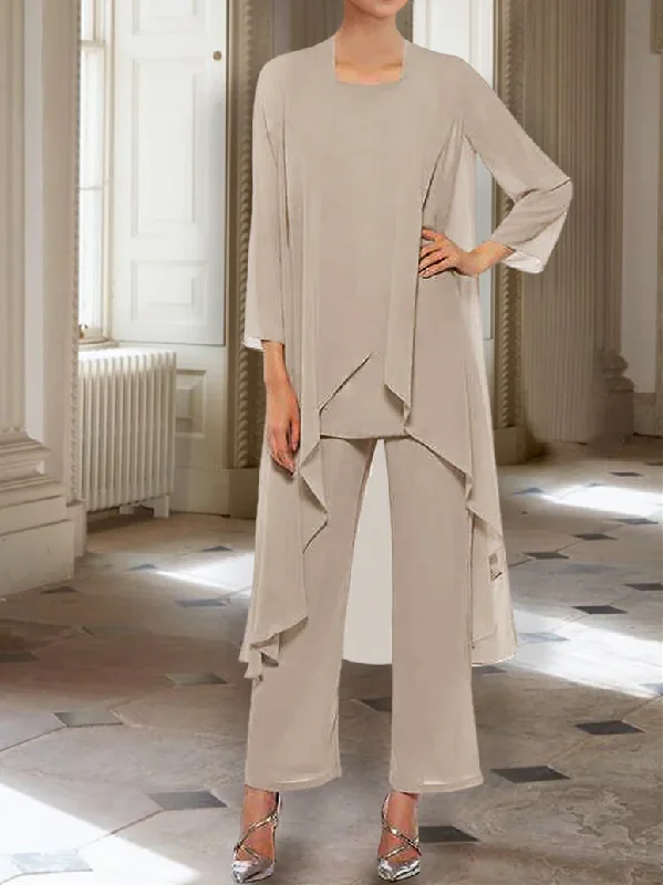 Chiffon Round Neck 3/4 Length Sleeves Ankle-Length Mother of the Bride Pantsuits with Jacket Fitted Jacket Loose Jacket Oversized Jacket