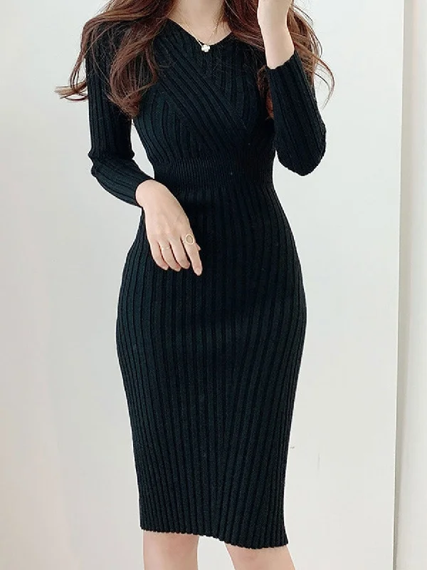 Women's Long Sleeve Sweater Dresses 478257 Elegant Classic Vintage