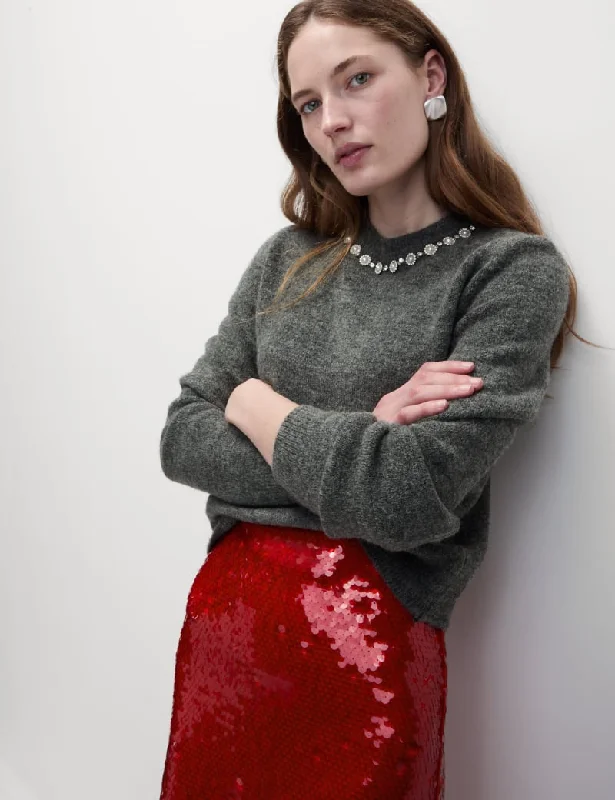 Embellished Crew Neck Jumper Chenille Fabric Brocade Fabric Lace Fabric