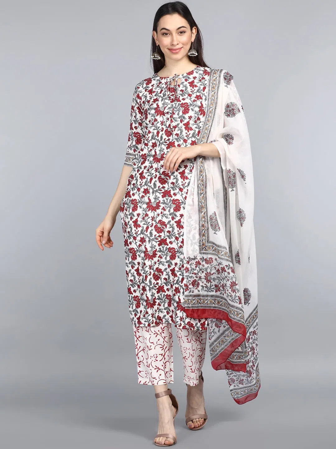 Ahika Women Off White Red Floral Printed Regular Kurta With Trousers Dupatta Set Trousers Denim Distressed