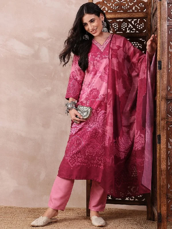 Pink Silk Blend Ethnic Motifs Printed Straight Kurta Trouser With Dupatta Trousers Business Professional