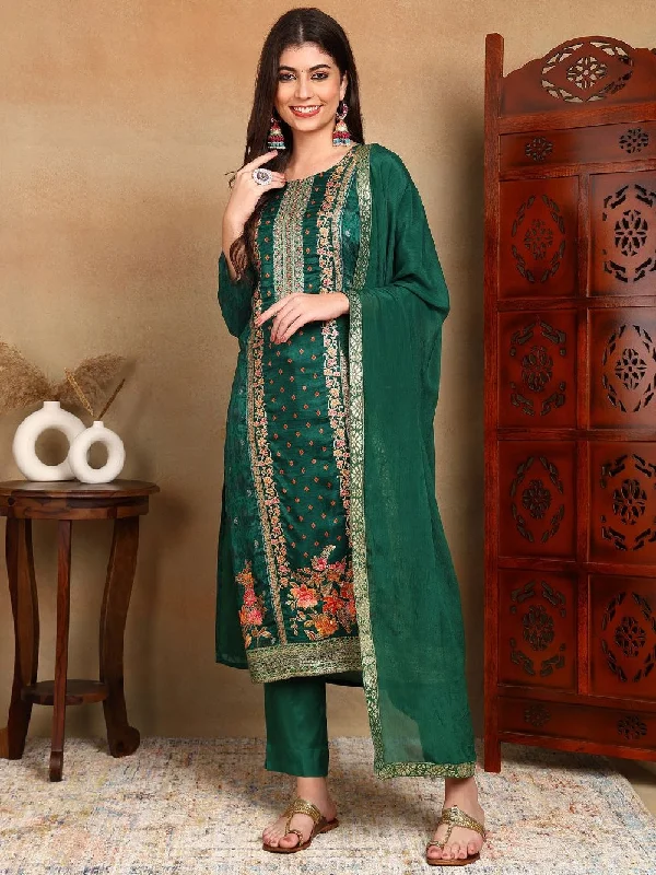 Green Silk Ethnic Motifs Woven Design Straight Kurta Trouser With Dupatta Trousers versatile all-occasion