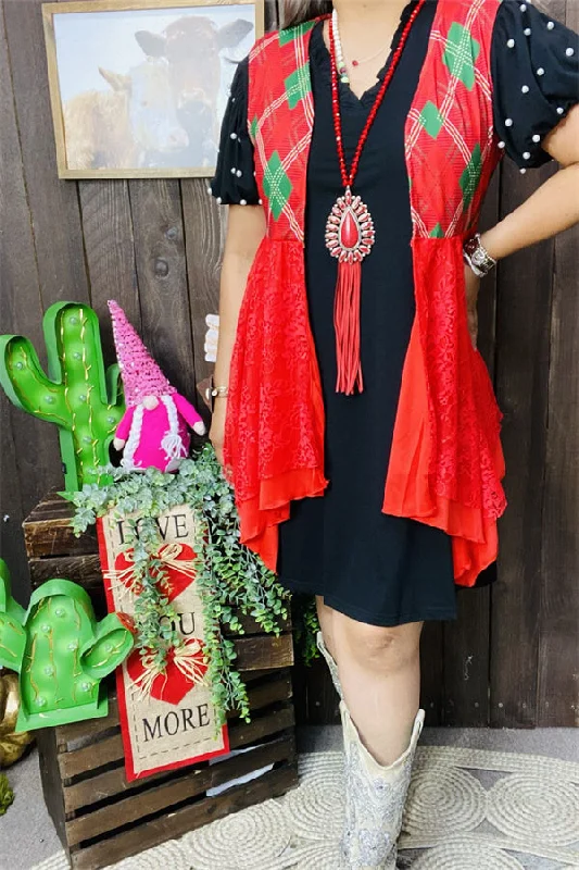 XCH15320 Red/green printed w/red lace irregular bottom with red lining women vest/cardigan Boxy Cardigan Fitted Cardigan A-Line XCH15320 Red/green printed w/red lace irregular bottom with red lining women vest/cardigan Boxy Cardigan Fitted Cardigan A-Line