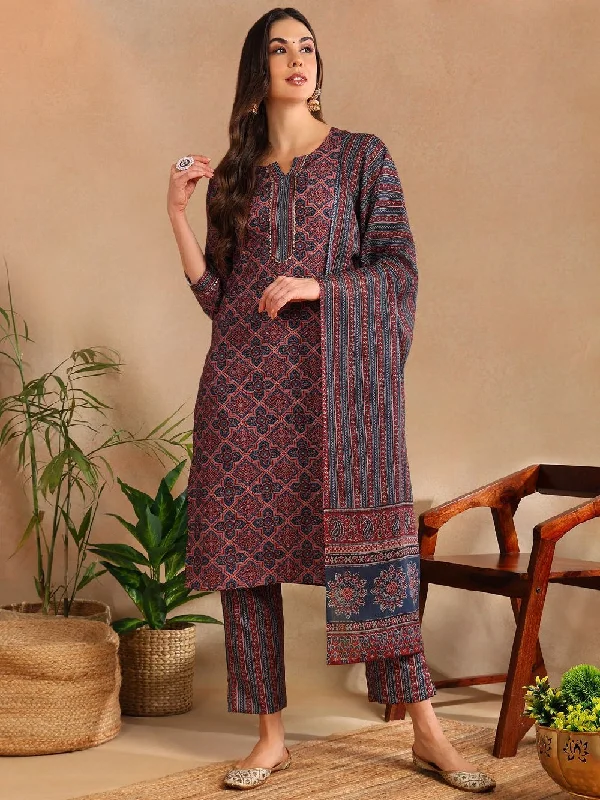 Maroon Rayon Blend Ajrakh Printed Straight Kurta Trouser With Dupatta Trousers Travel Practical