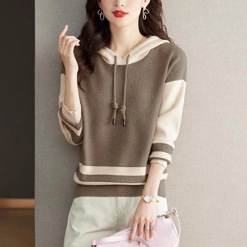Autumn Winter Fashion Patchwork Long Sleeve Hoodies Pullovers Women's Clothing Knitting Color Blocking Trend Chic All-match Tops Tapered Sleeve Pullover Autumn Winter Fashion Patchwork Long Sleeve Hoodies Pullovers Women's Clothing Knitting Color Blocking Trend Chic All-match Tops Tapered Sleeve Pullover