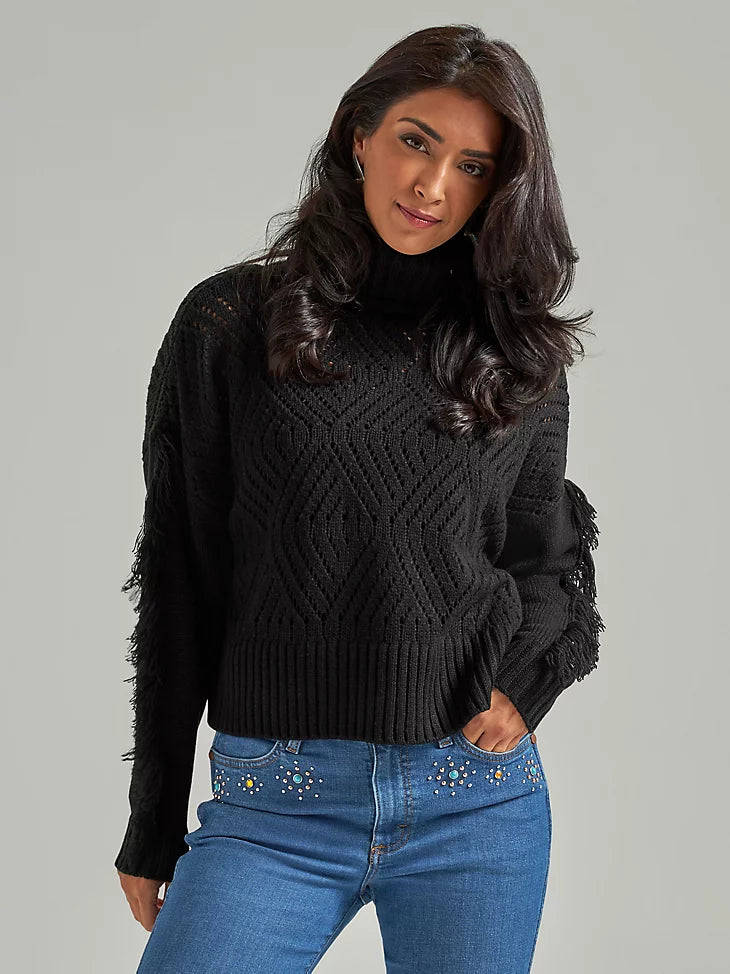 Midnight Fringe Turtleneck Sweater Velvet Chenille Corduroy