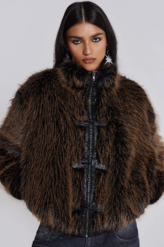 Brown Mendoza Faux Fur Jacket Boat Neck Shawl Collar Notched Collar