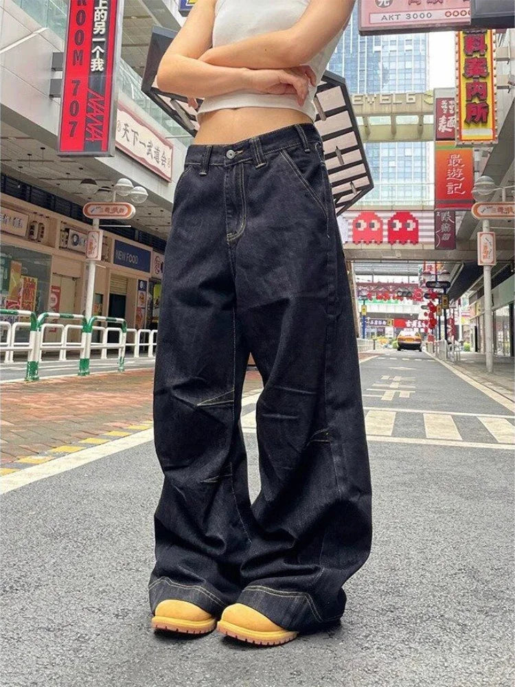 Advbridge Grunge Y2k Black Jeans Women Vintage Oversized High Street Cargo Denim Trousers Wide Casual Baggy Straight Denim Pants Trousers luxurious high-end