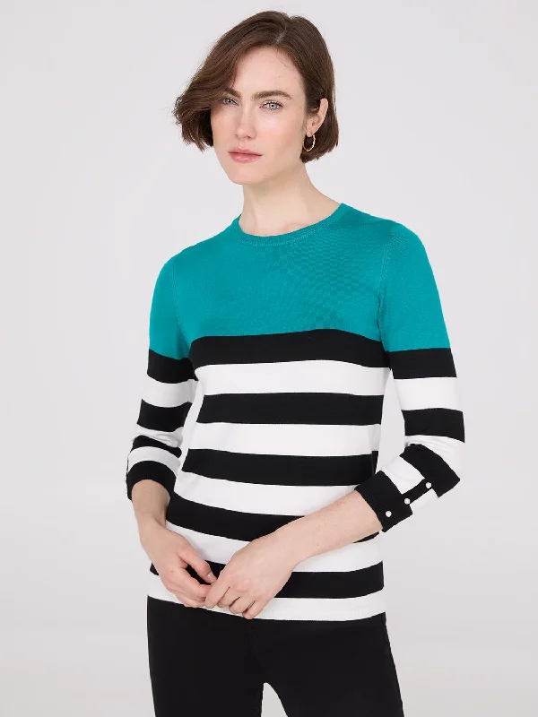 Striped Round Neck Sweater With Button Details Jersey Fabric Tulle Fabric Batik Fabric