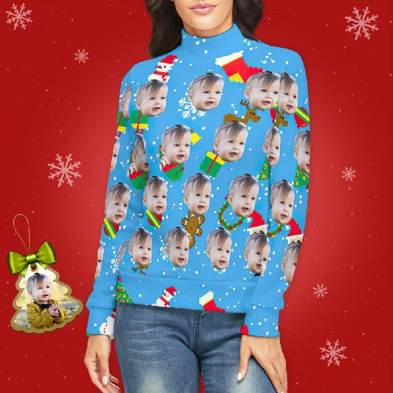 Custom Face Turtleneck for Women Ugly Christmas Sweater Knitted Loose Pullovers - Ice Blue Slit Sleeve Stylish