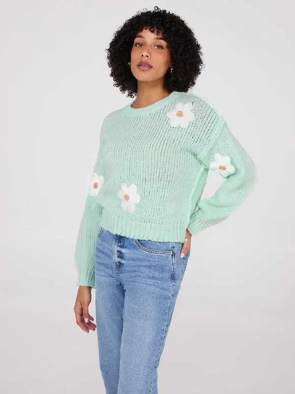 Crew Neck Sweater With Crochet Flowers Striped Floral Plaid