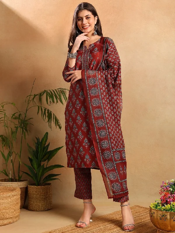 Brown Rayon Blend Floral Printed Straight Kurta Trousers With Dupatta Trousers Cargo pockets