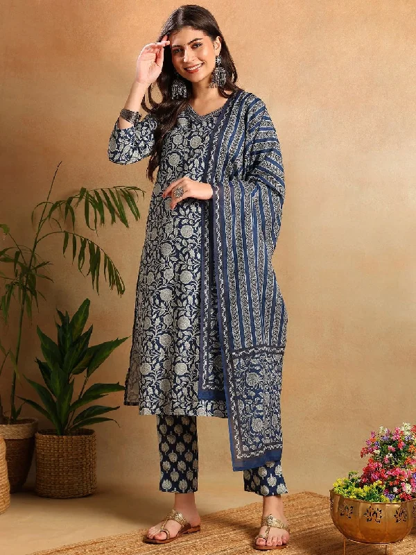 Navy Blue Rayon Blend Floral Printed Straight Kurta Trousers With Dupatta Trousers Denim Blue