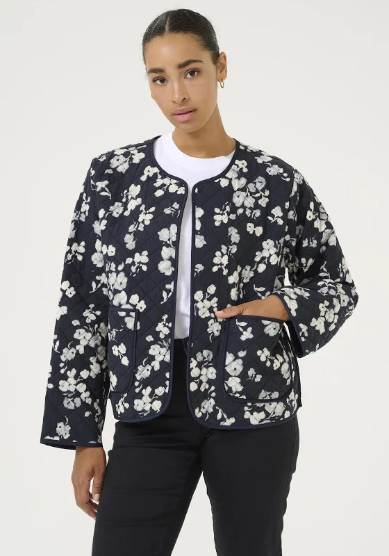 Kaffe Valia Floral Print Quilted Jacket, Navy V-Neck Jacket Boat Neck Jacket Square Neck Jacket