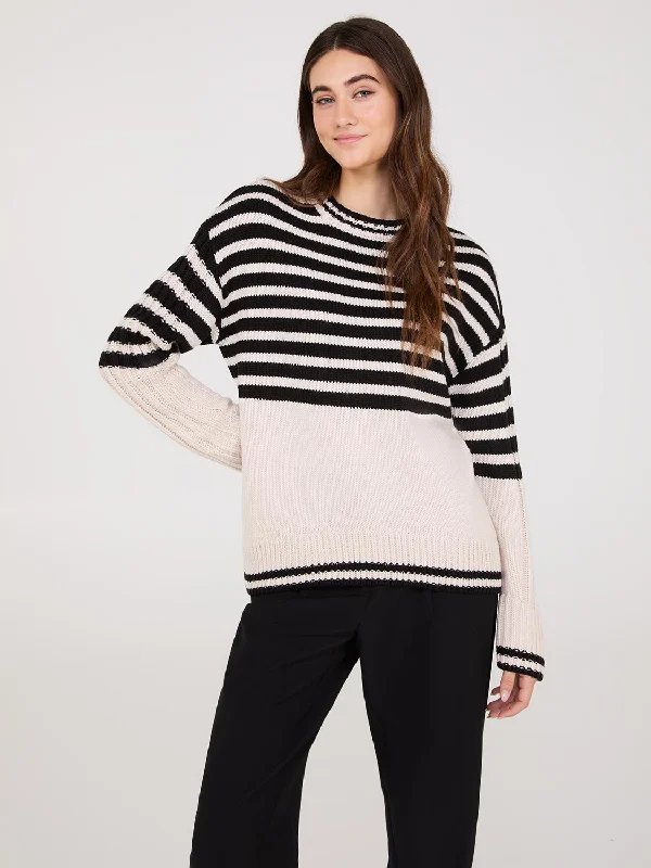 Striped Crew Neck High-Low Sweater Zippered Buttoned Snapped