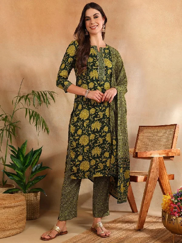 Green Rayon Blend Floral Printed Straight Kurta Trouser With Dupatta Trousers Hiking Durable