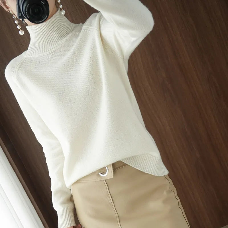 Turtleneck Pullover Cashmere Sweater Women Pure Color Casual Long-sleeved Loose Soft Cozy Warm