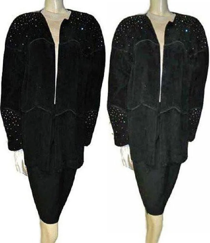 *VINTAGE CACHE DAZZLING SPARKLING RHINESTONE BLACK SUEDE JACKET Knit Jacket Woven Jacket Fleece Jacket