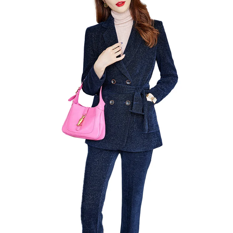 High-quality Velvet Fabric Business Pant Suit 2 Piece Set for Women OEM Jacket and Trouser Double Breasted Office Lady Style Notch Collar Jacket Peter Pan Collar Jacket Cowl Neck Jacket