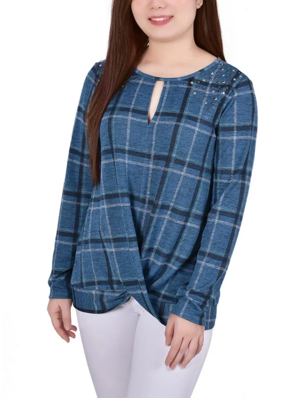 Petites Womens Plaid Pullover Top Halter Neck Top